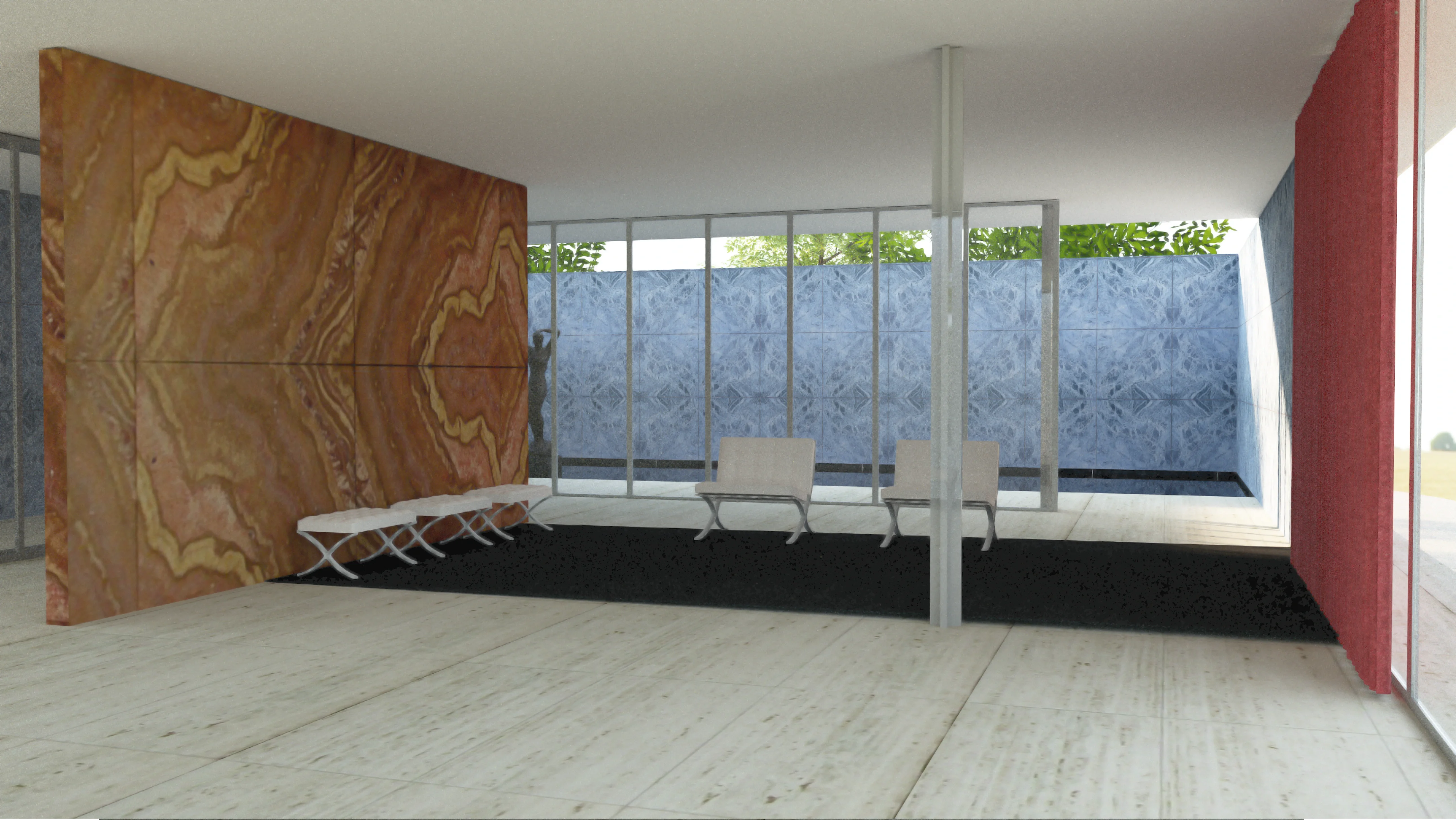Joan Artero - Pavelló Alemany - Render interior: mur d'ònix i cadires Barcelona