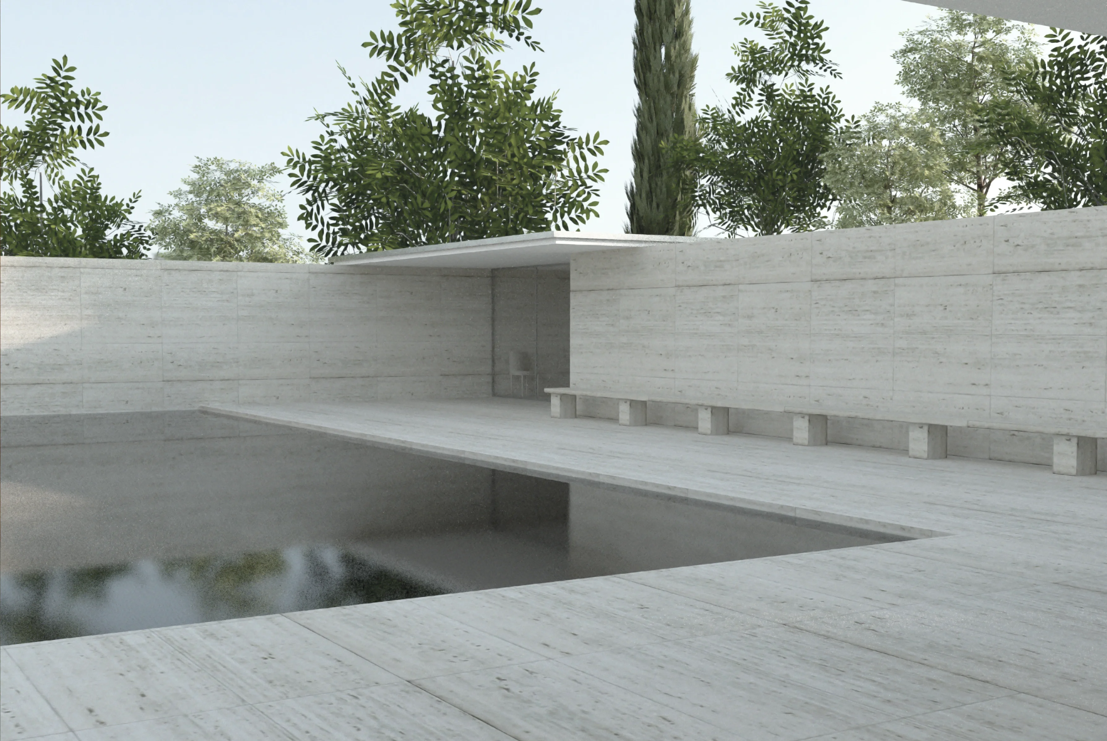 Joan Artero - Pavelló Alemany - Render exterior: estany principal i banc de travertí