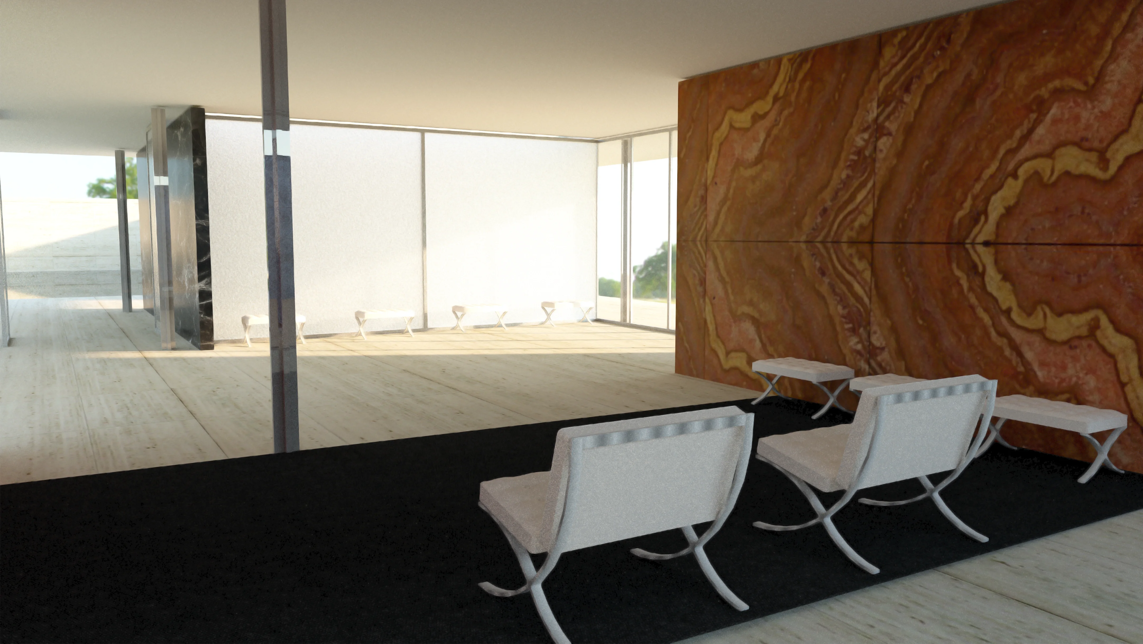 Joan Artero - Pavelló Alemany - Render interior: perspectiva de l'espai fluid i pilar cruciforme